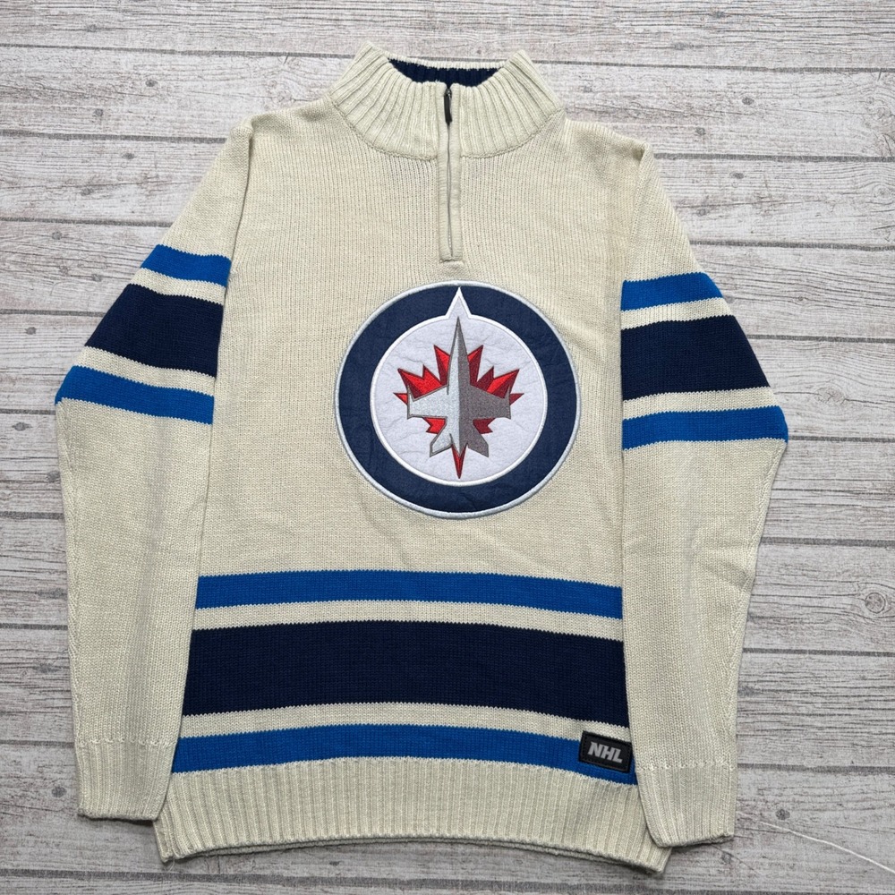 Ilanco NHL Winnipeg Jets Knit Sweater Mens S Cream Blue Quarter Zip Hockey Logo